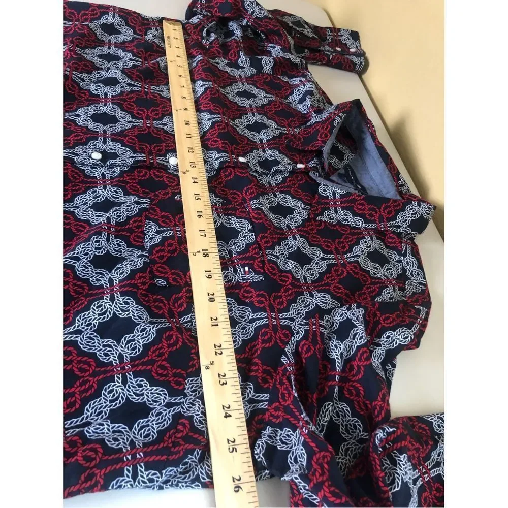TOMMY HILFIGER Navy w/ Red & White Knotted Rope Print Tabbed Sleeve Shirt Sz 1X - Picture 8 of 13